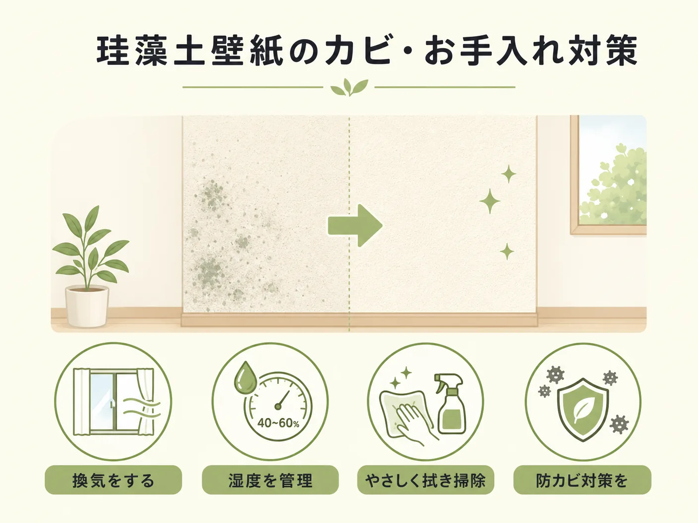 壁紙珪藻土の珪藻土壁紙のカビ・お手入れ対策を表す図解イラスト