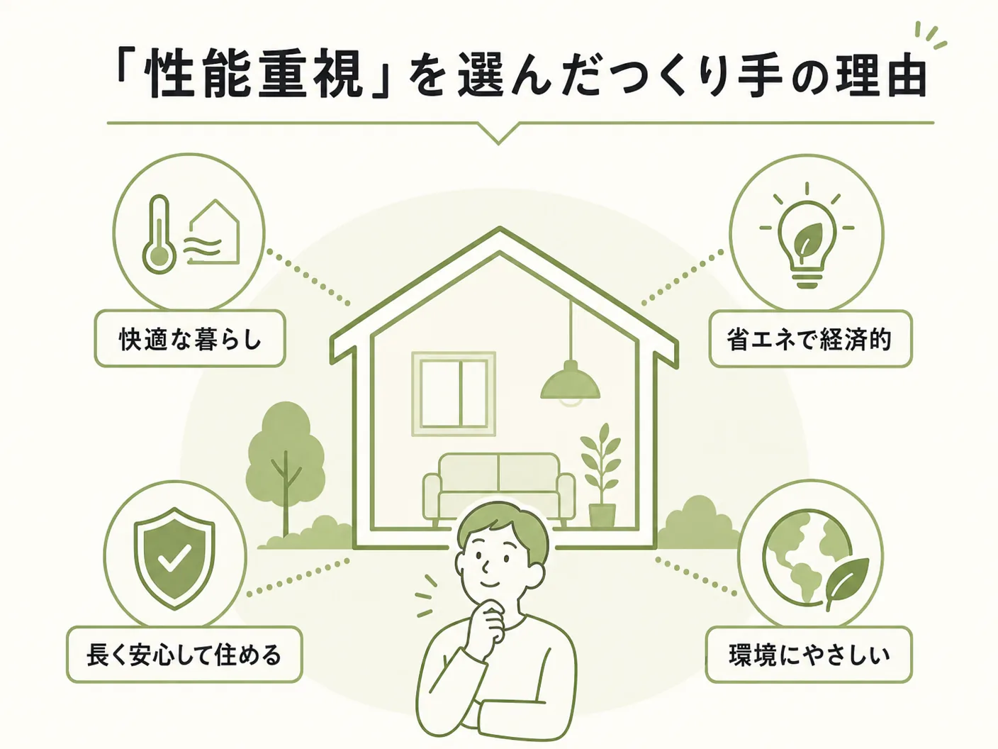 工務店選び デザインの「性能重視」を選んだつくり手の理由を表す図解イラスト