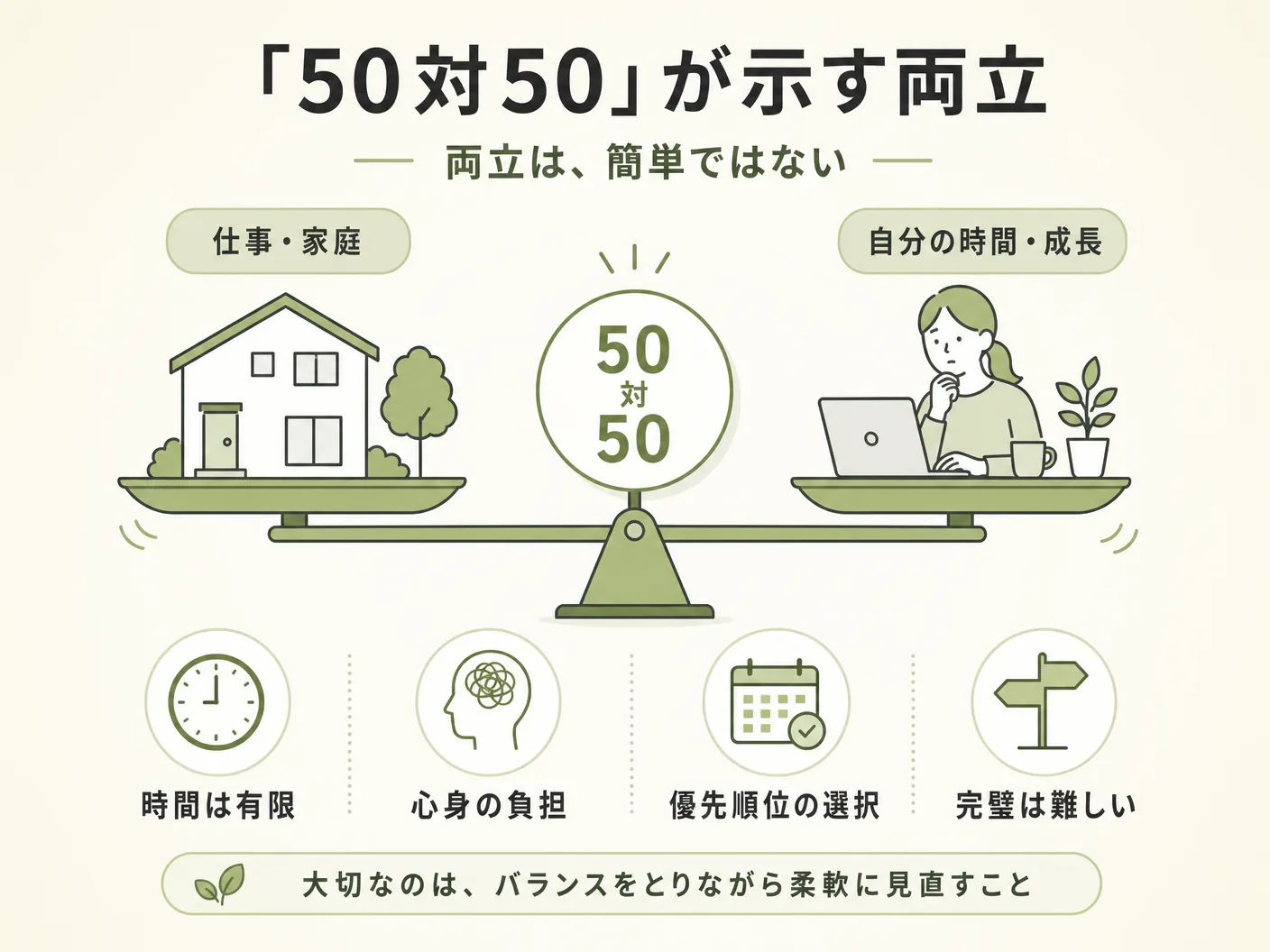 工務店選び 性能 デザインの「50対50」が示す両立の難しさを表す図解イラスト