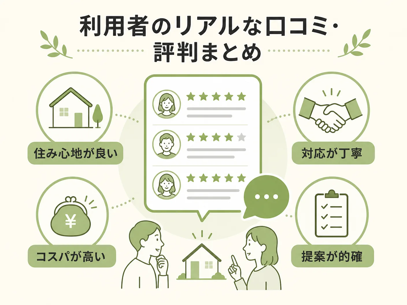 暮らしのマーケット エアコンの利用者のリアルな口コミ・評判まとめを表す図解イラスト
