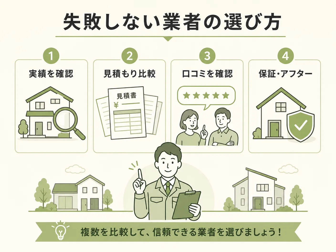 暮らしのマーケット エアコン 評判の失敗しない業者の選び方を表す図解イラスト