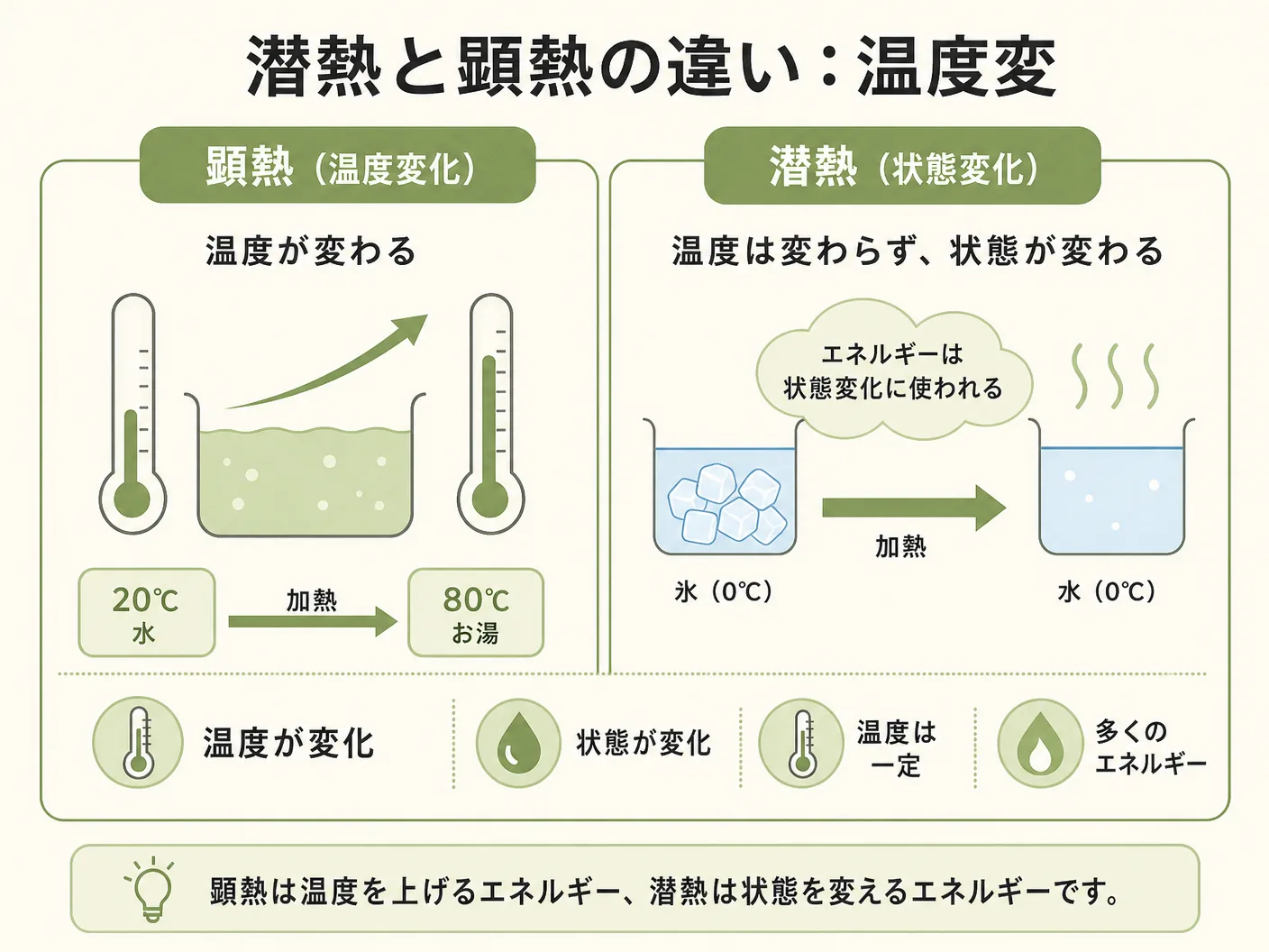 潜熱と顕熱の違い：温度変化と状態変化の関係を表す図解イラスト