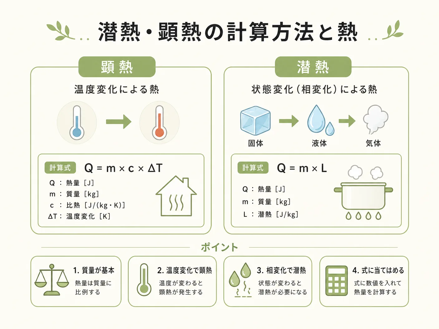 潜熱と顕熱の違いの潜熱・顕熱の計算方法と熱量の求め方を表す図解イラスト