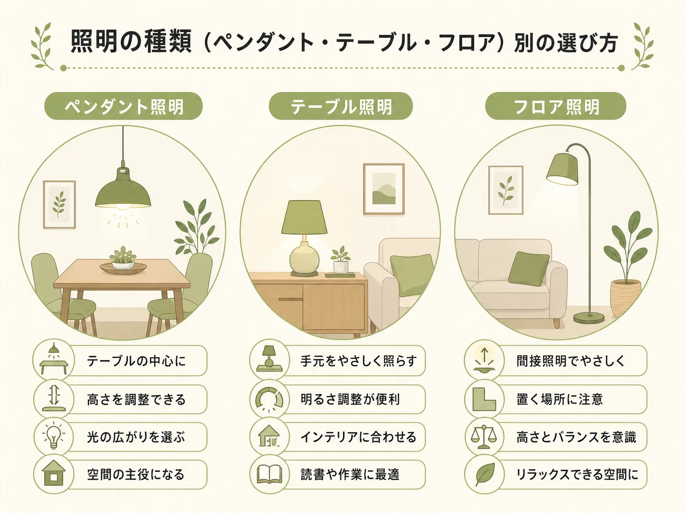 ルイスポールセンの照明の種類（ペンダント・テーブル・フロア）別の選び方を表す図解イラスト