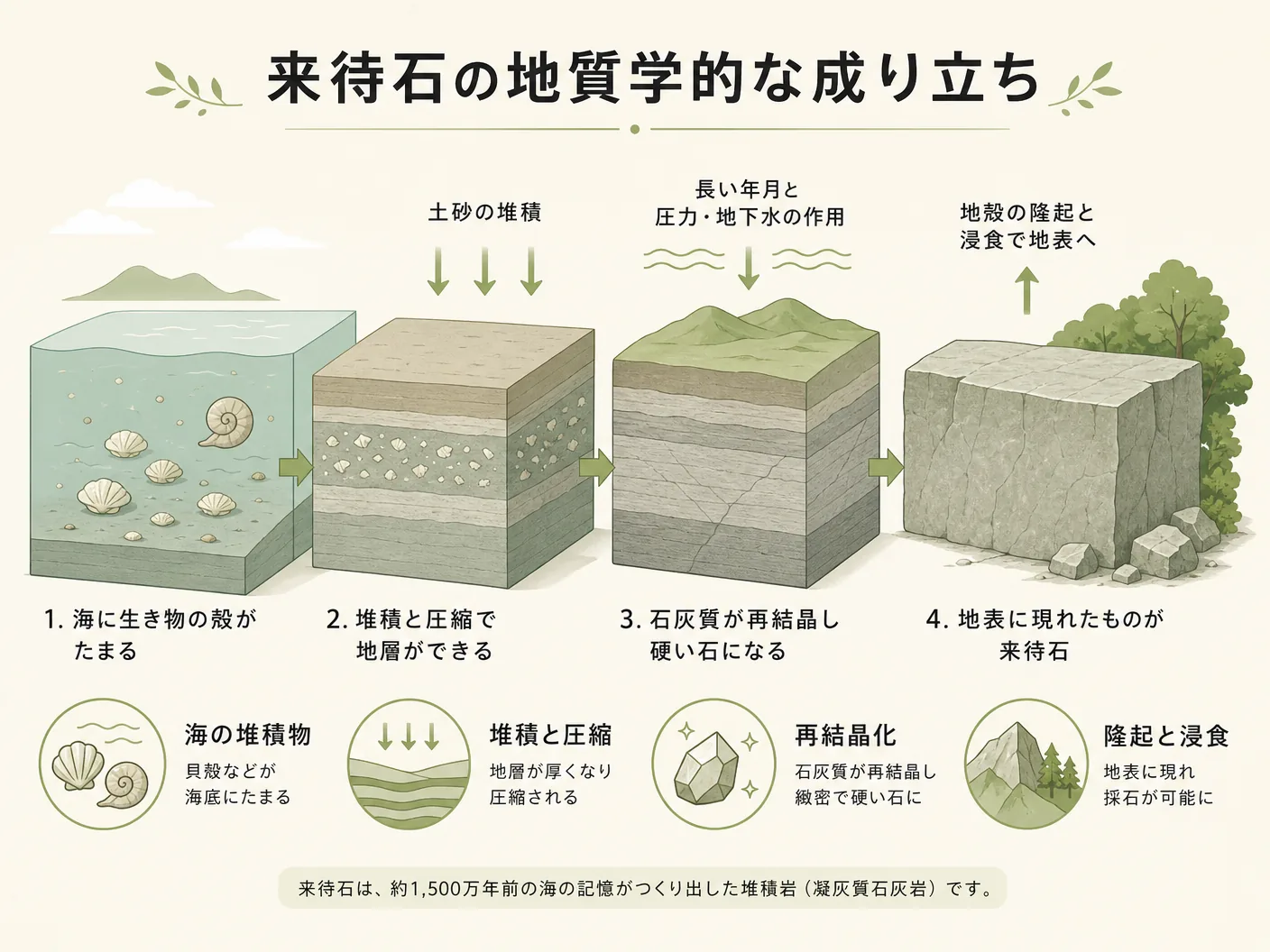 来待石とはの来待石の地質学的な成り立ちを表す図解イラスト