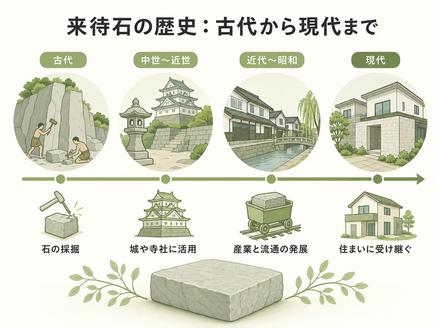来待石とはの来待石の歴史:古代から現代までを表す図解イラスト