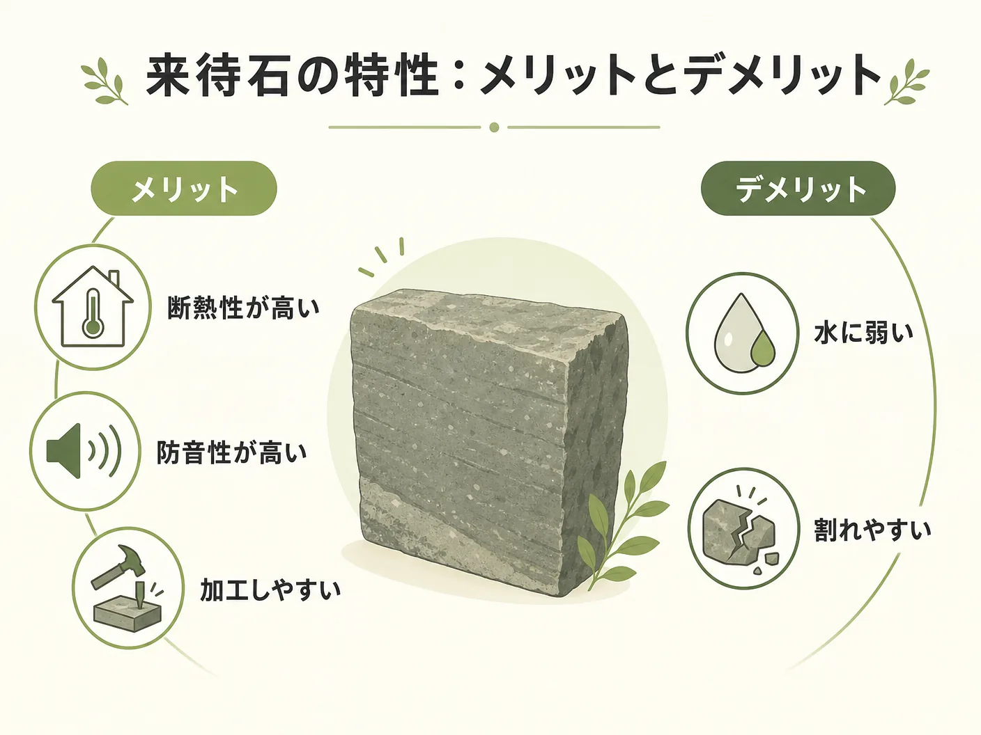 来待石とはの来待石の特性:メリットとデメリットを表す図解イラスト