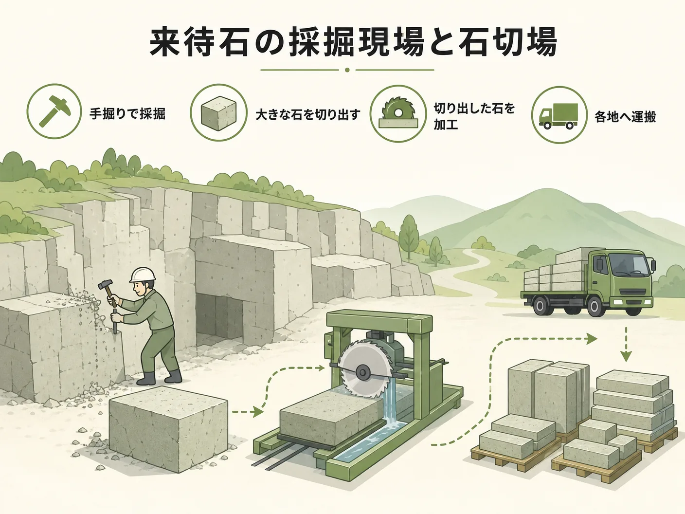来待石とはの来待石の採掘現場と石切場を表す図解イラスト