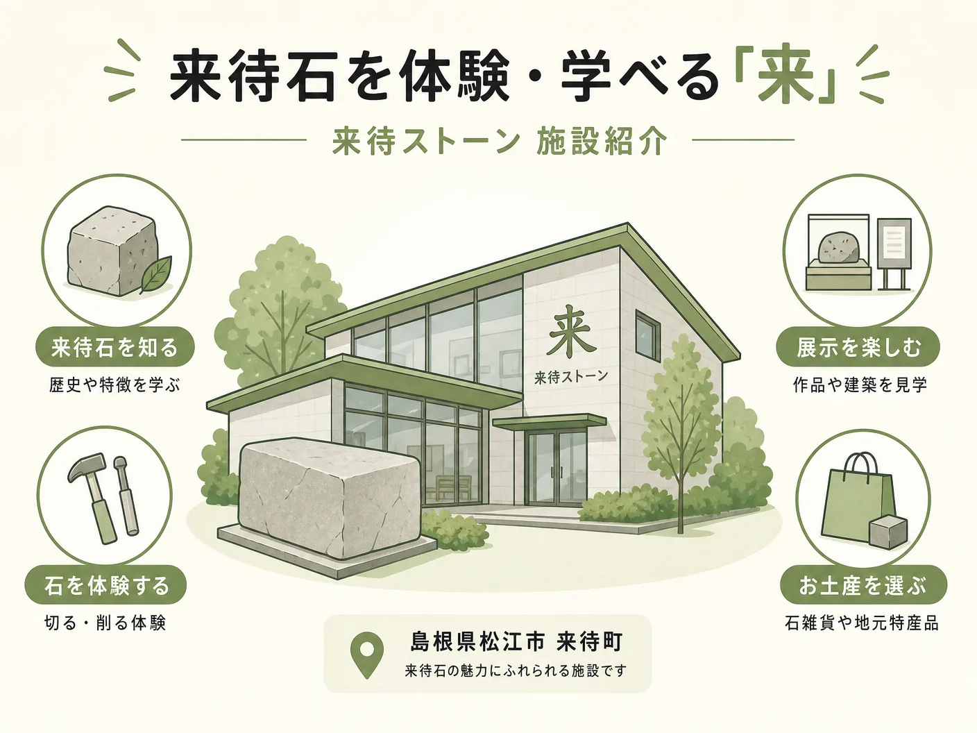 来待石とはの来待石を体験・学べる「来待ストーン」施設紹介を表す図解イラスト