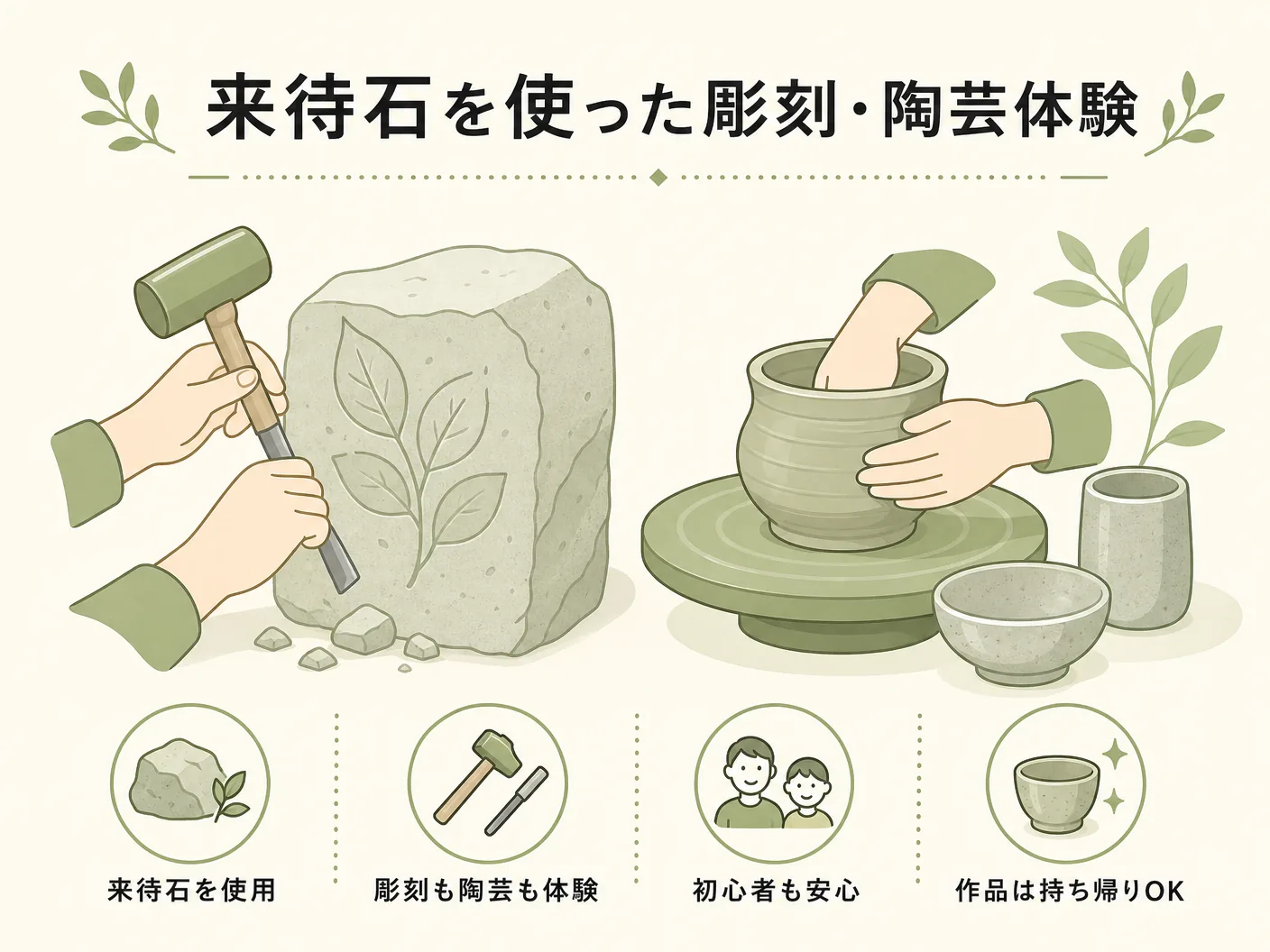 来待石とはの来待石を使った彫刻・陶芸体験を表す図解イラスト