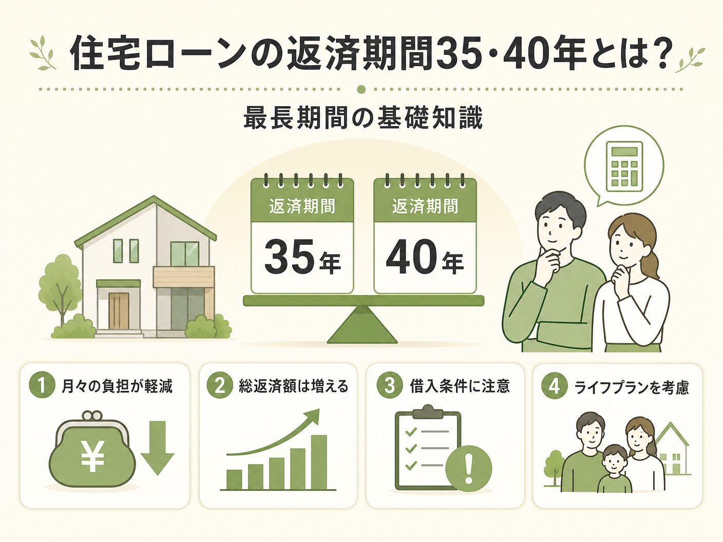 住宅ローンの返済期間35年・40年とは?最長期間の基礎知識を表す図解イラスト