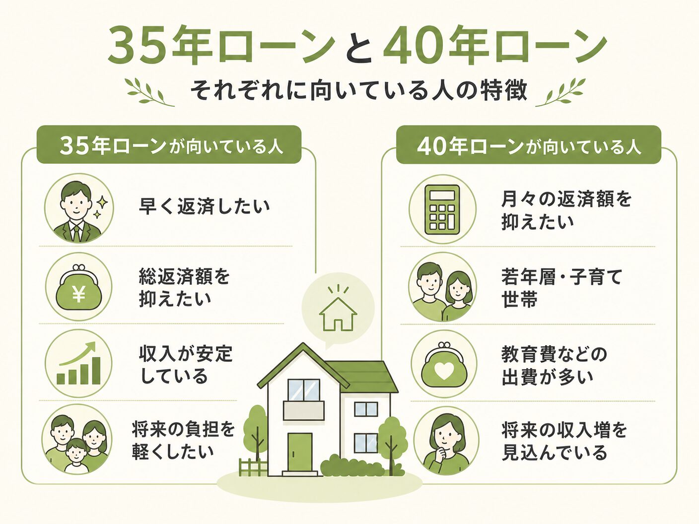 住宅ローン 返済期間の35年ローンと40年ローンそれぞれに向いている人の特徴を表す図解イラスト