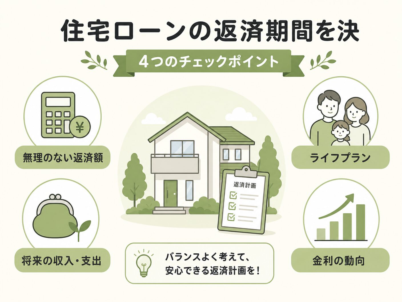 35年 40年の住宅ローンの返済期間を決める4つのチェックポイントを表す図解イラスト