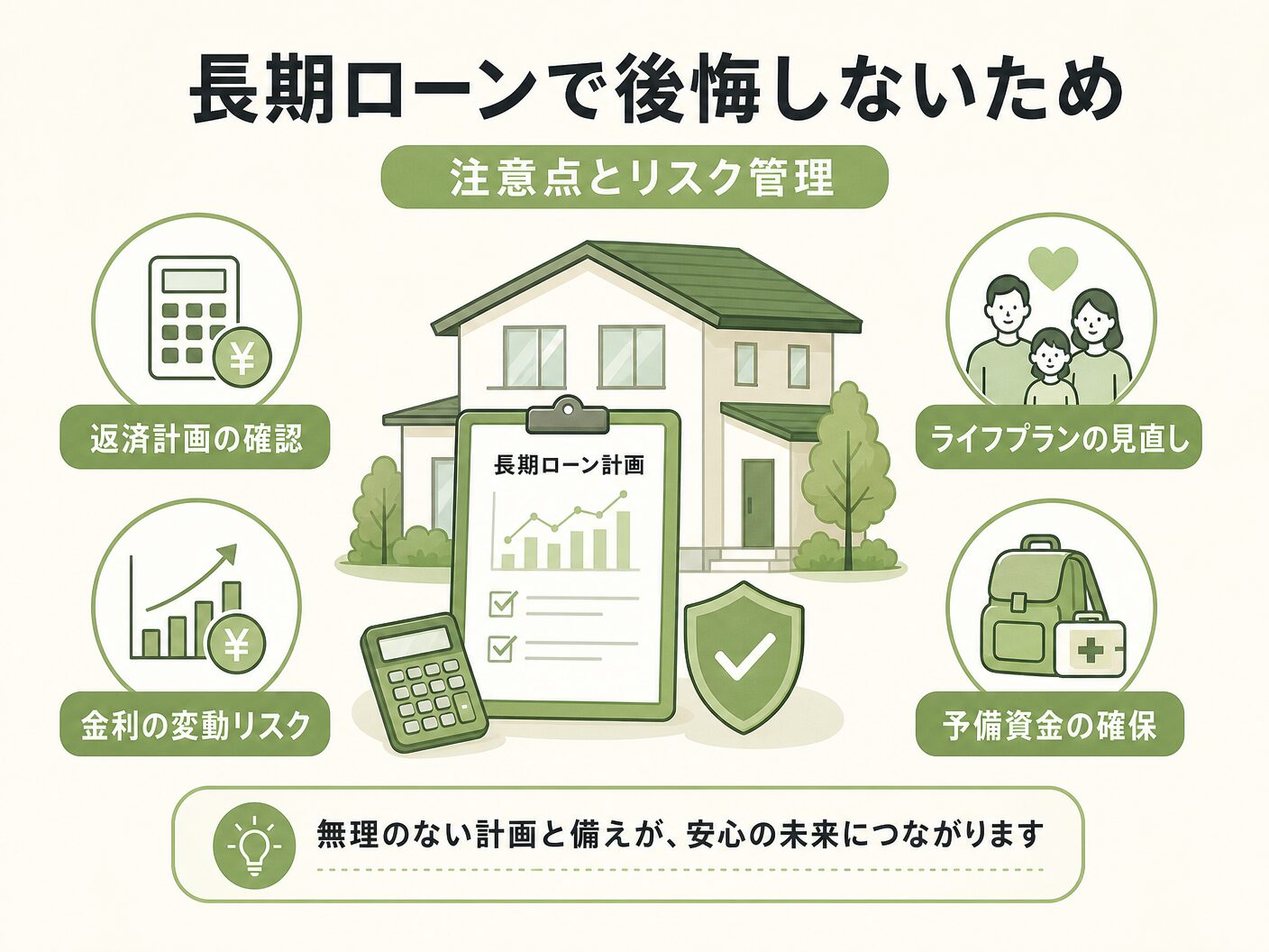 住宅ローン 返済期間 35年 40年の長期ローンで後悔しないための注意点とリスク管理を表す図解イラスト