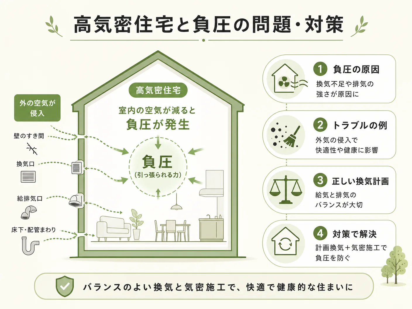負圧とはの高気密住宅と負圧の問題・対策を表す図解イラスト