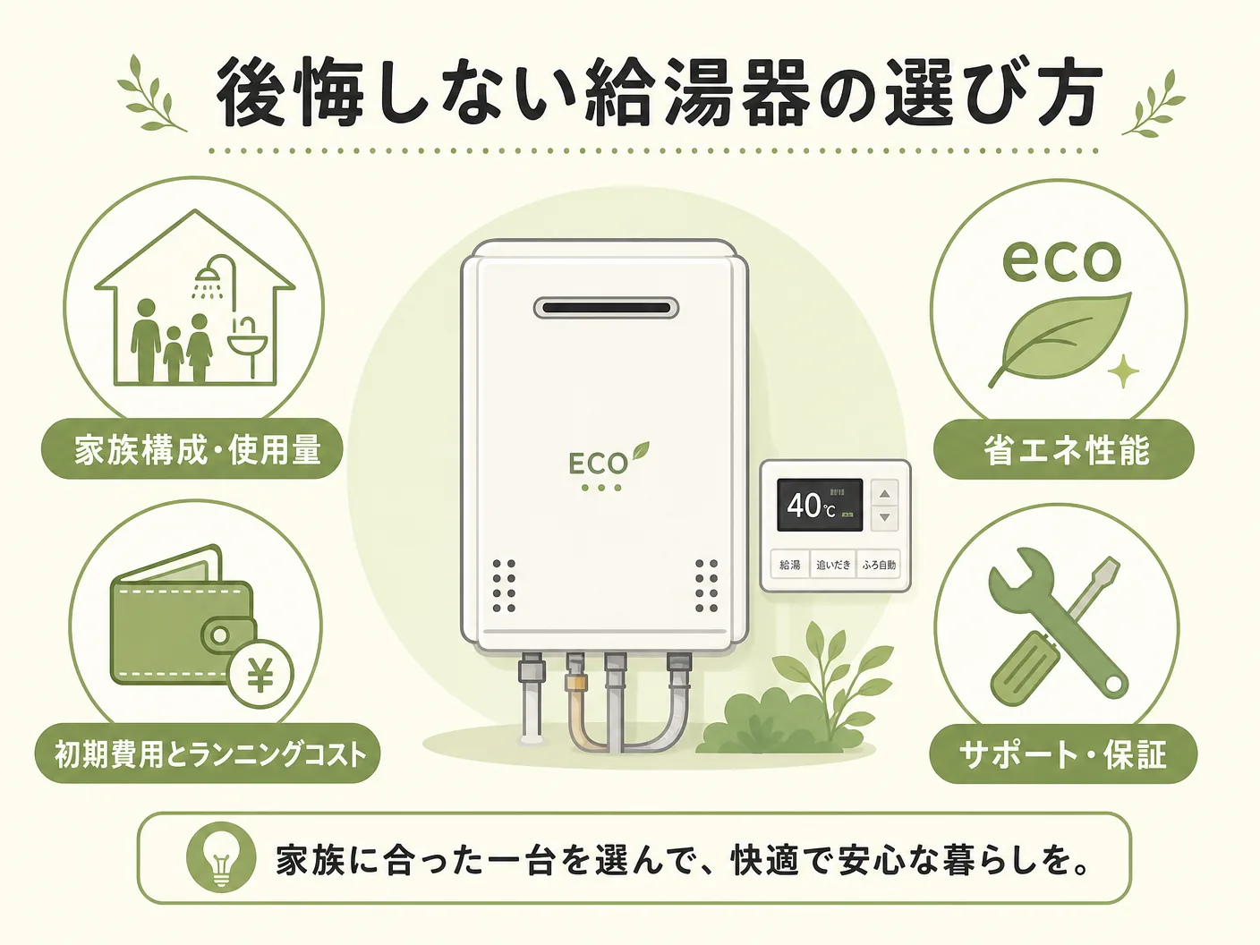 おひさまエコキュートはやっぱりお勧めできないの後悔しない給湯器の選び方を表す図解イラスト
