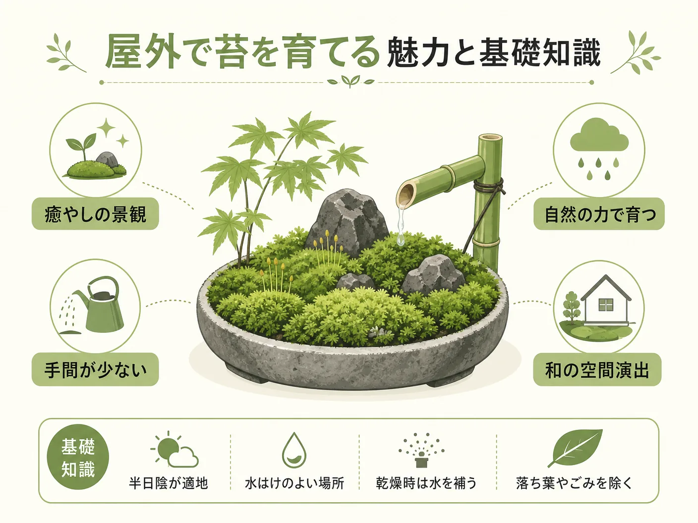 屋外での苔の育て方の屋外で苔を育てる魅力と基礎知識を表す図解イラスト