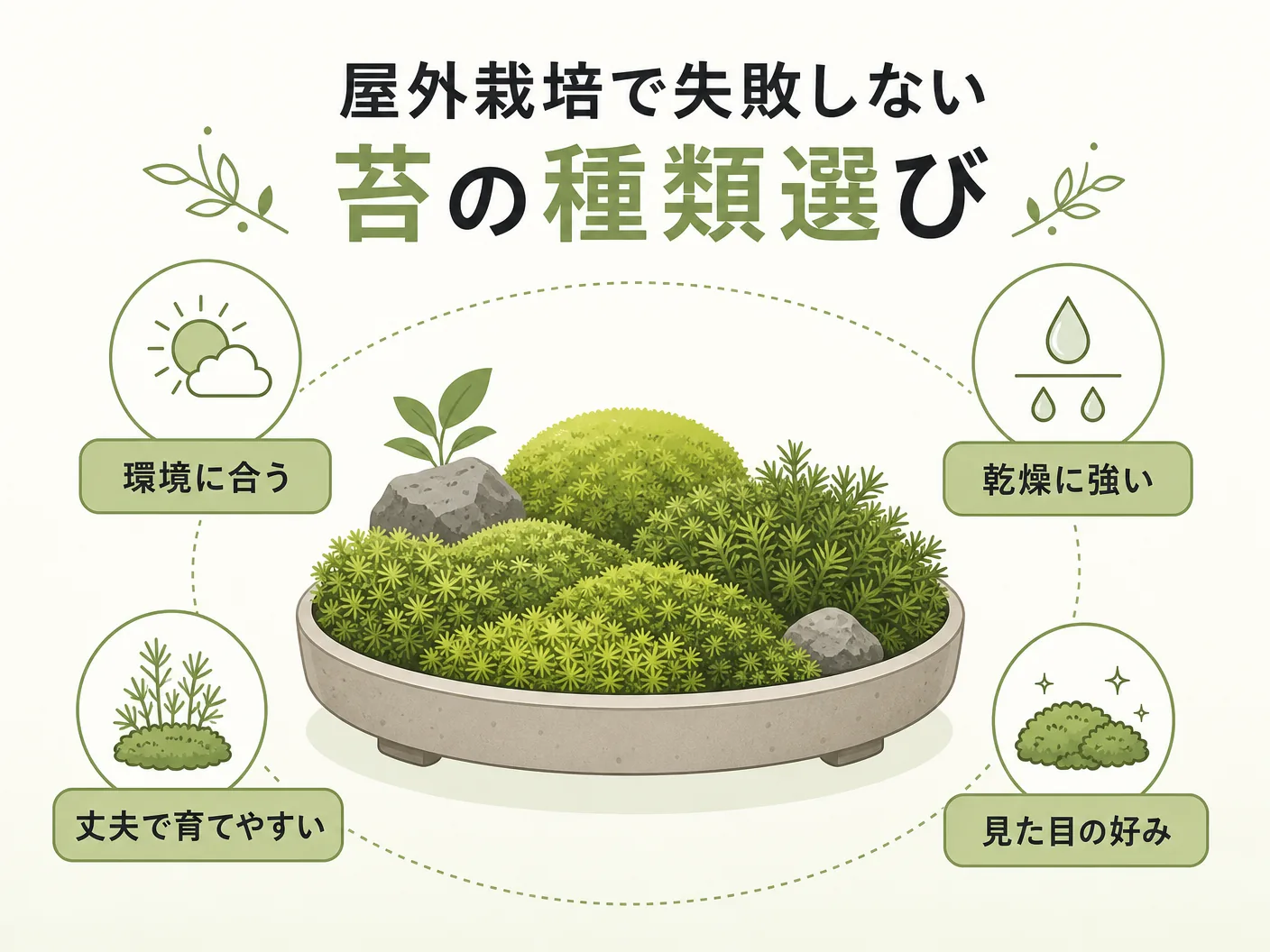 屋外での苔の育て方の屋外栽培で失敗しない苔の種類選びを表す図解イラスト