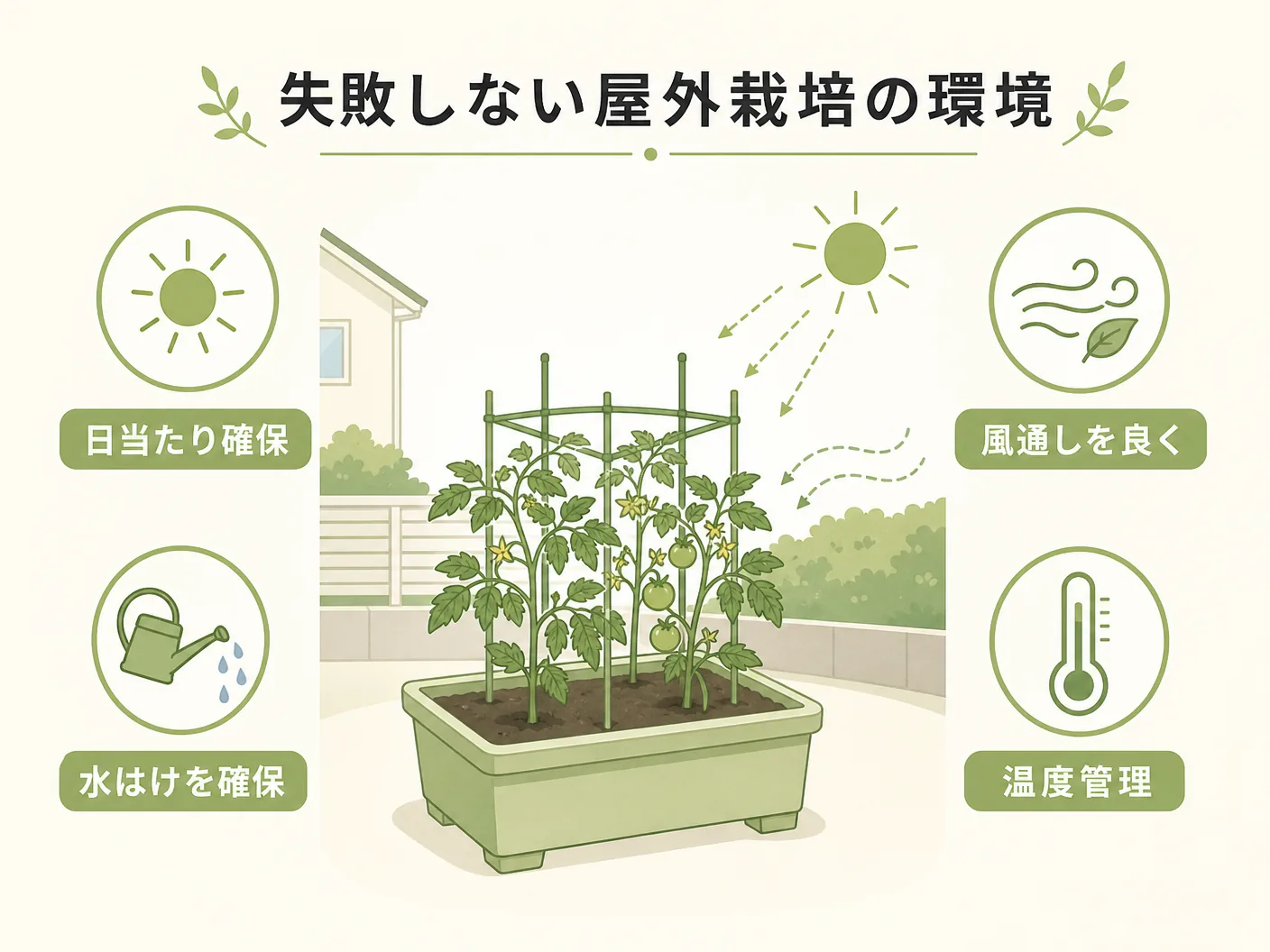 屋外での苔の育て方の失敗しない屋外栽培の環境条件の整え方を表す図解イラスト