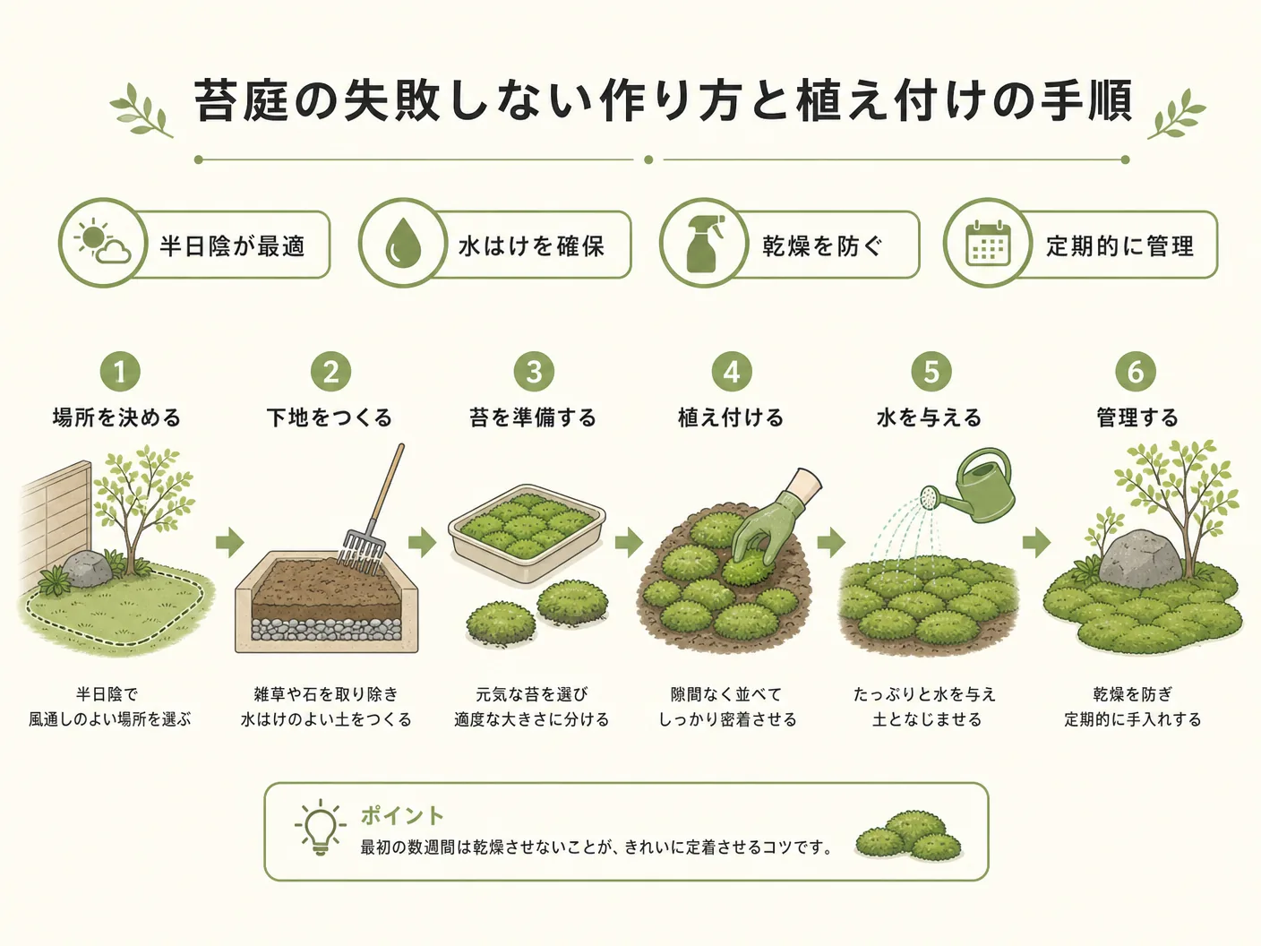 屋外での苔の育て方の苔庭の失敗しない作り方と植え付けの手順を表す図解イラスト