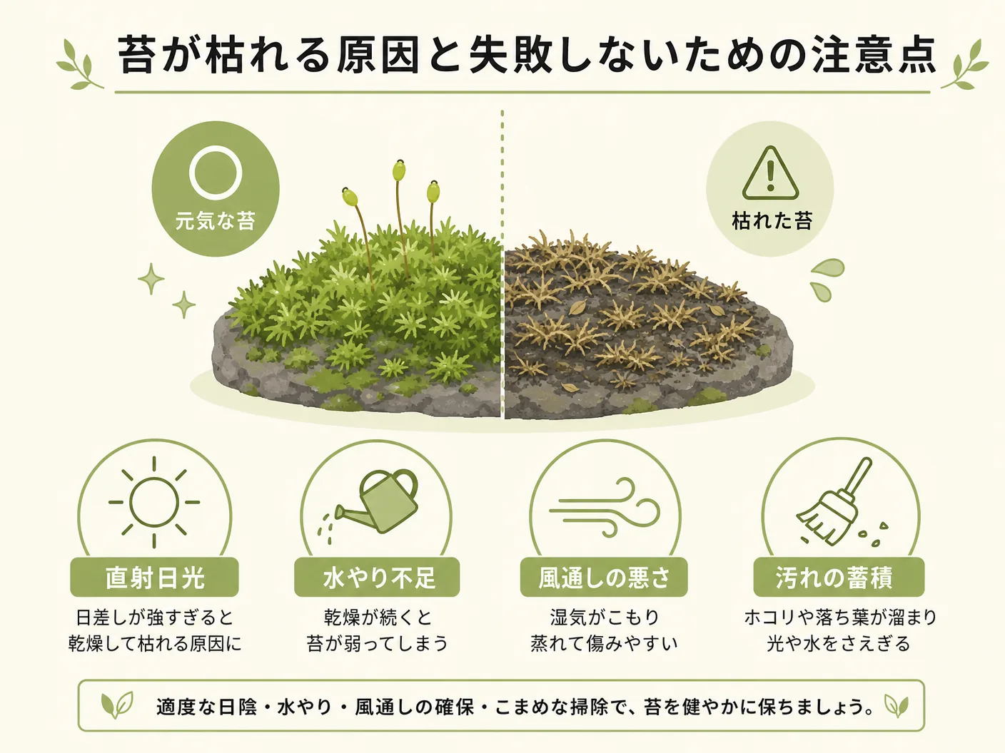 屋外での苔の育て方の苔が枯れる原因と失敗しないための注意点を表す図解イラスト