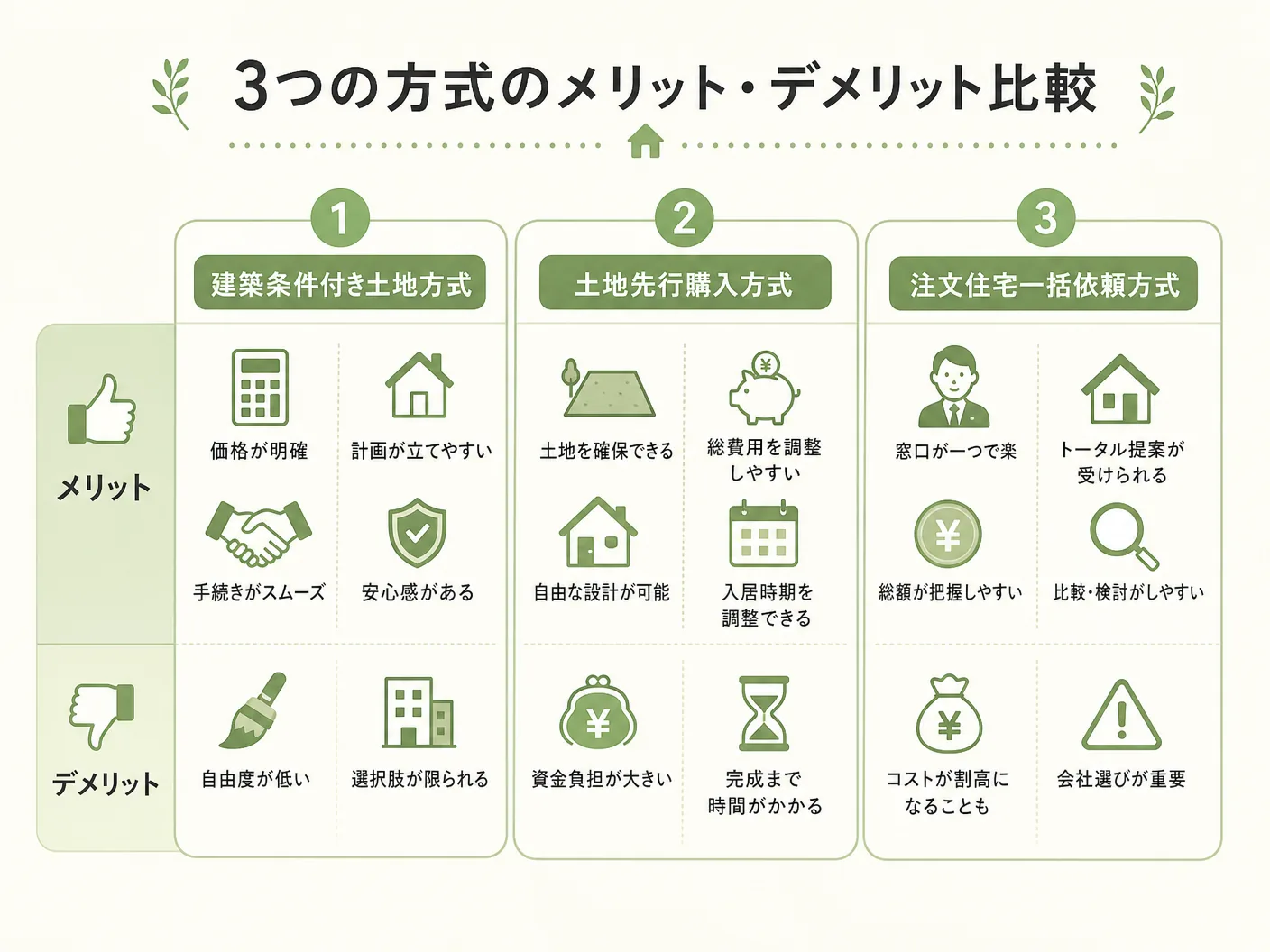 ペアローン 連帯債務 収入合算の3つの方式のメリット・デメリット比較を表す図解イラスト