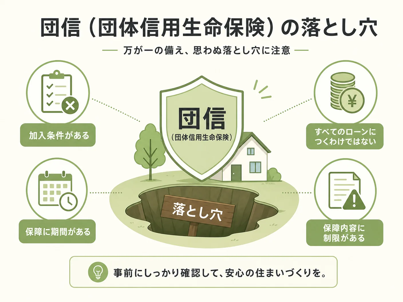 ペアローン 連帯債務 収入合算の団信(団体信用生命保険)の落とし穴を表す図解イラスト