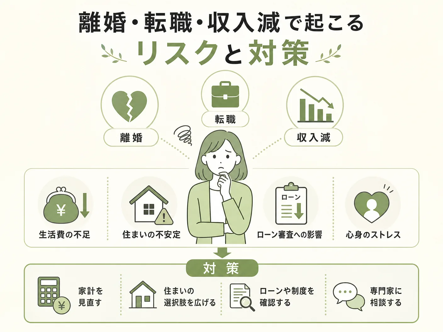ペアローン 連帯債務 収入合算の離婚・転職・収入減で起こるリスクと対策を表す図解イラスト