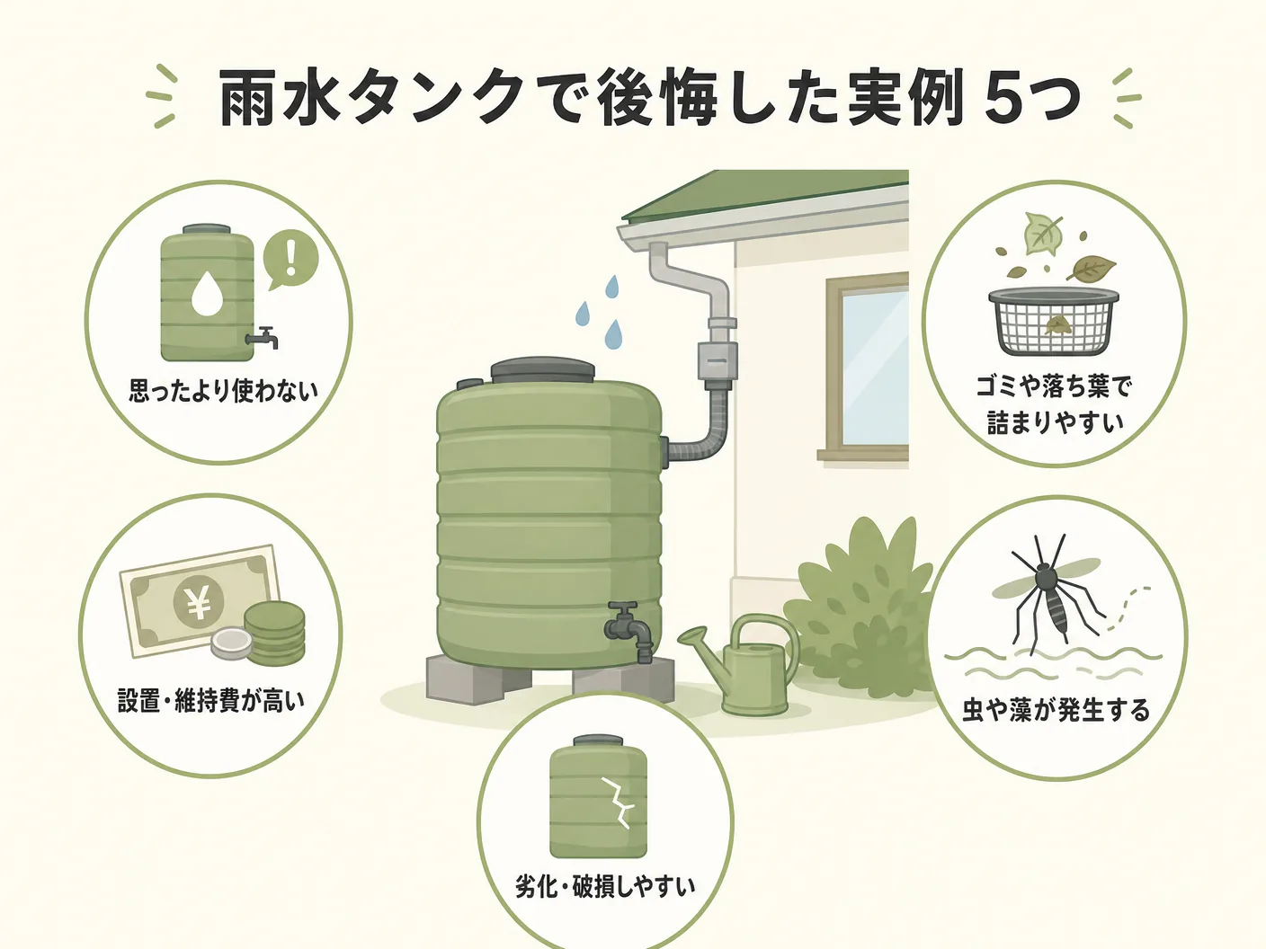 雨水タンクで後悔した実例5つ【がっかりポイント一覧】を表す図解イラスト