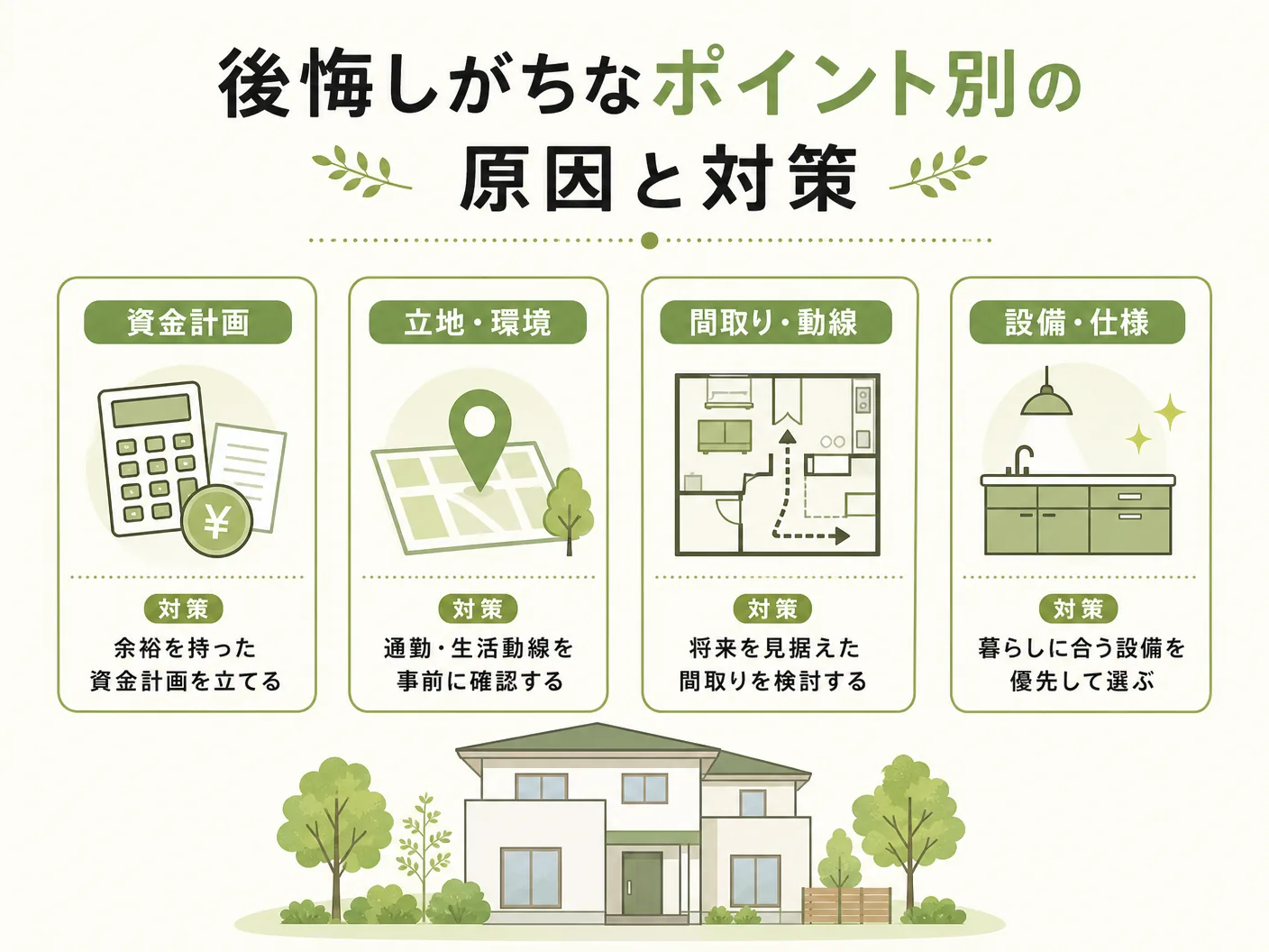 雨水タンクの後悔しがちなポイント別の原因と対策を表す図解イラスト