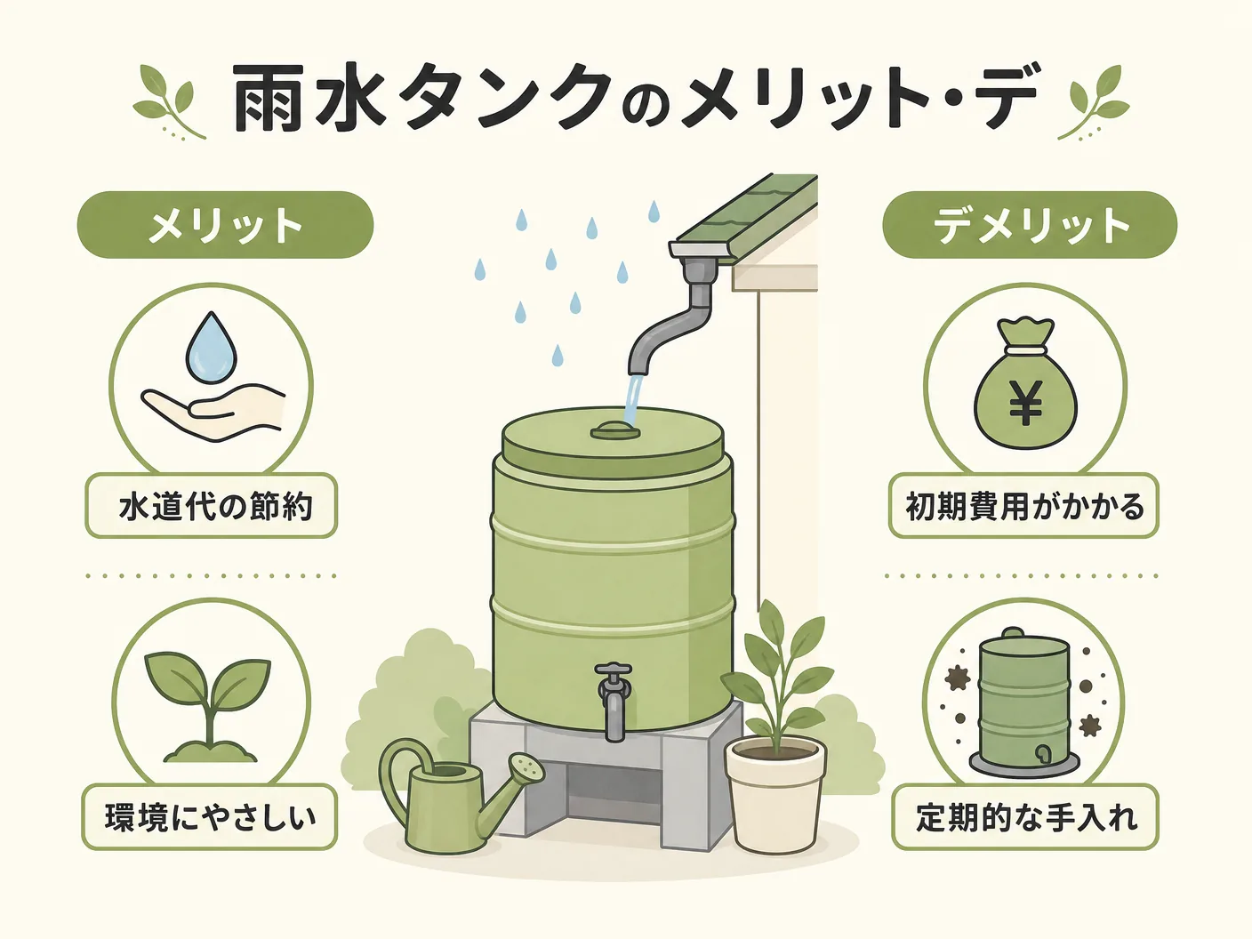後悔の雨水タンクのメリット・デメリットを正直に整理を表す図解イラスト