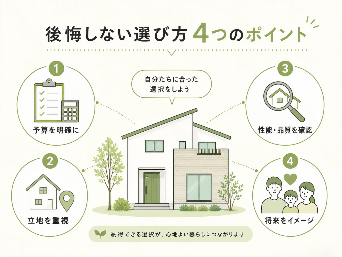 雨水タンクの後悔しない選び方4つのポイントを表す図解イラスト