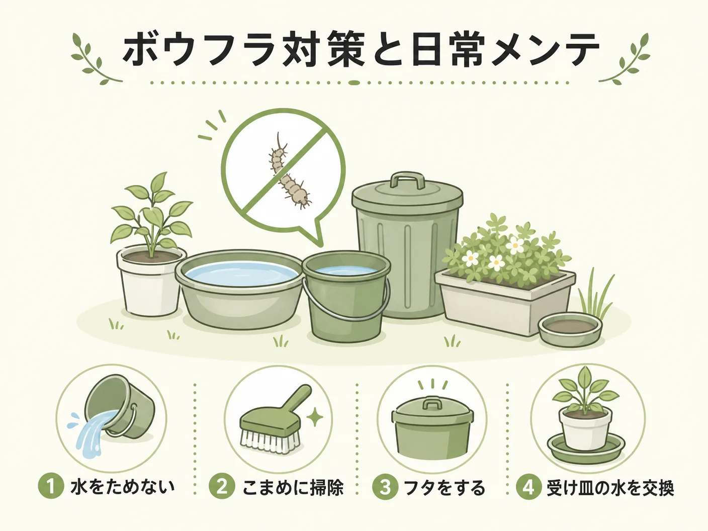 雨水タンク 後悔のボウフラ対策と日常メンテナンスを表す図解イラスト