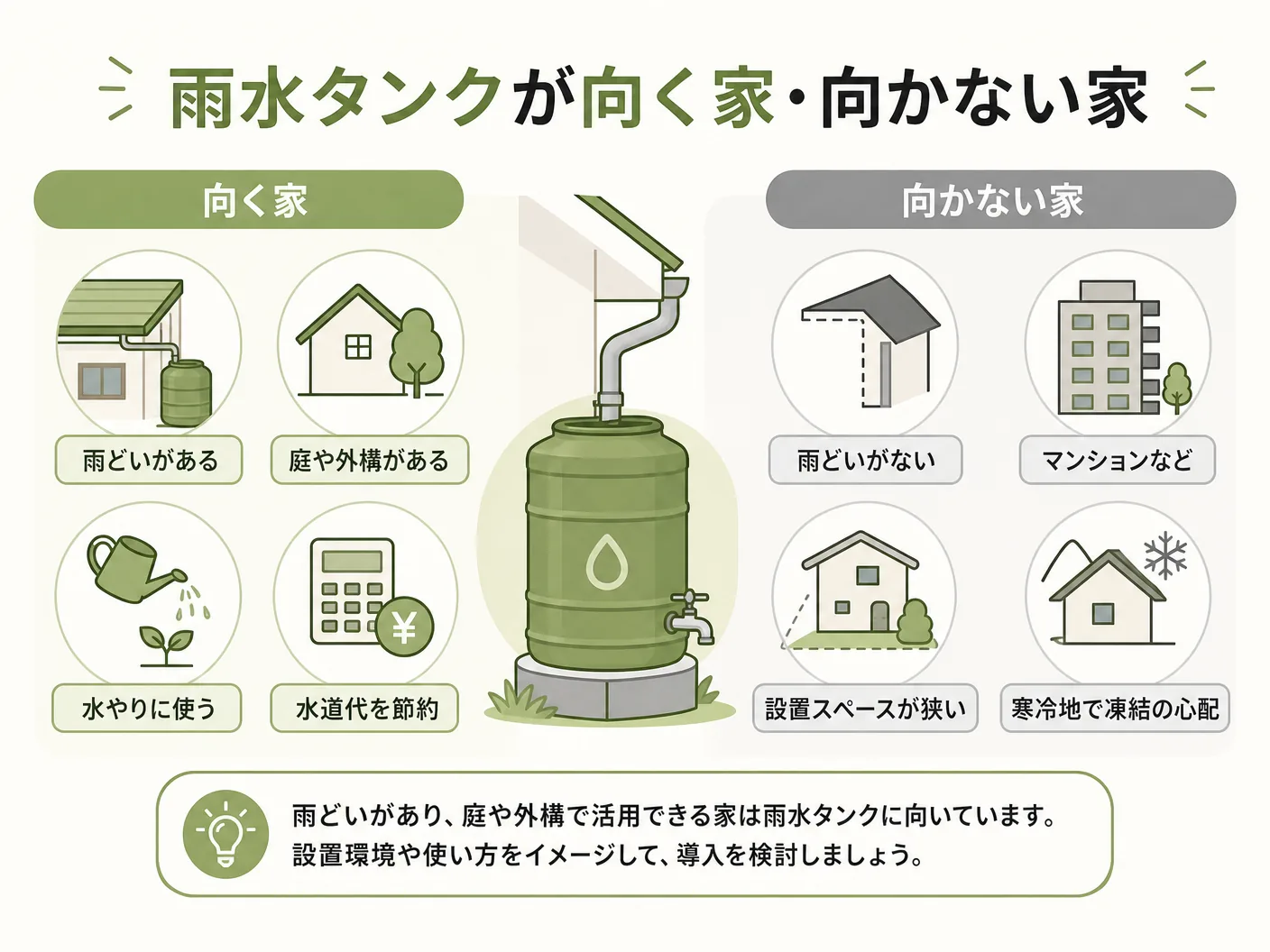 後悔の雨水タンクが向く家・向かない家の判断基準を表す図解イラスト
