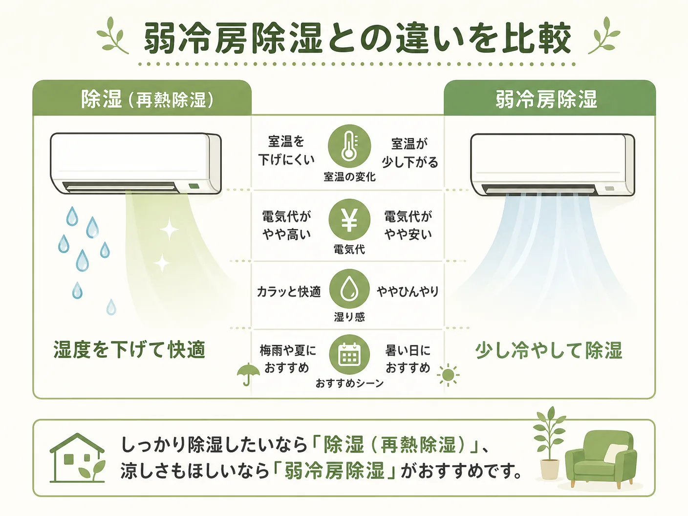 再熱除湿とはの弱冷房除湿との違いを比較を表す図解イラスト