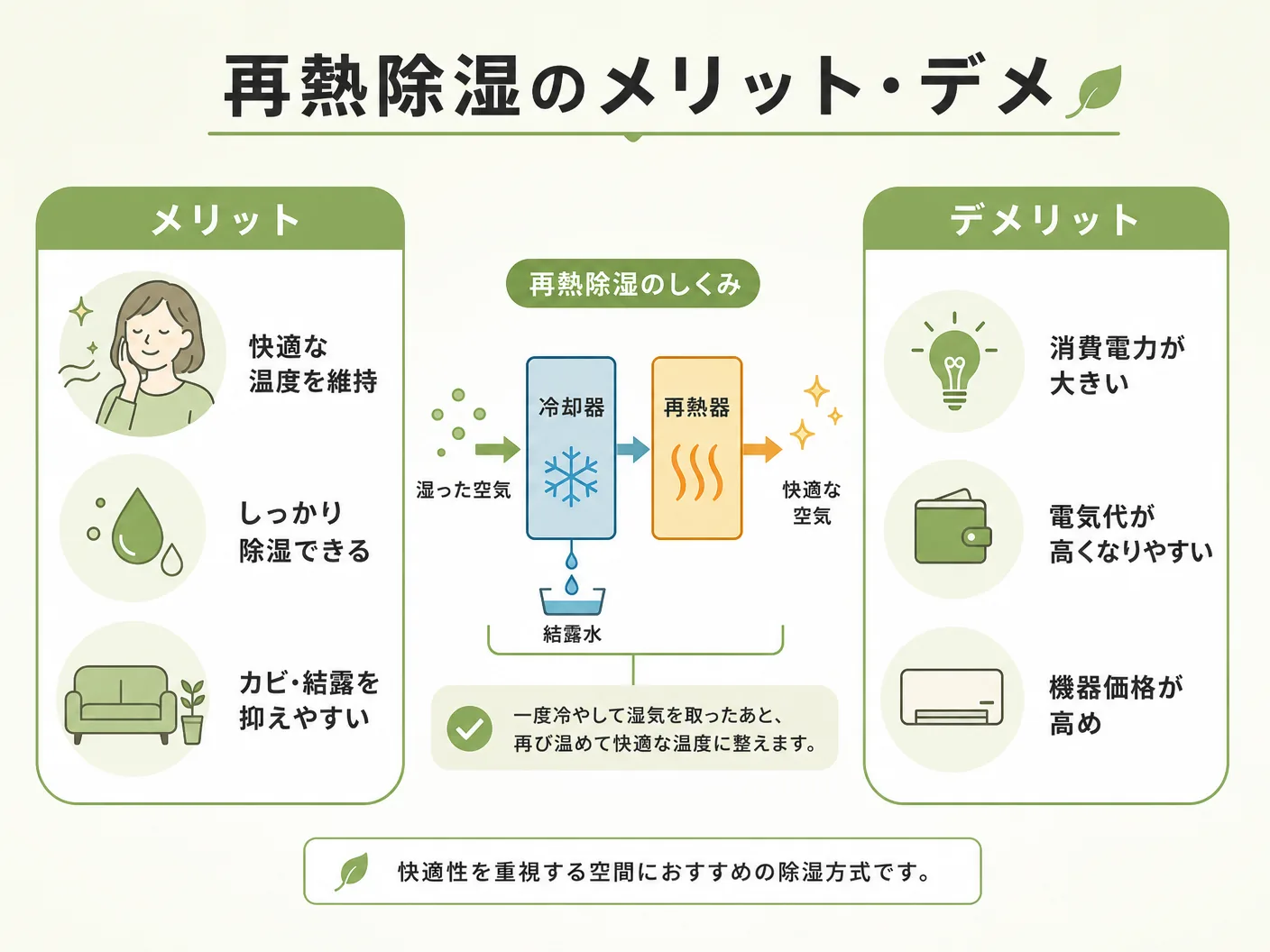 再熱除湿とはの再熱除湿のメリット・デメリットを表す図解イラスト