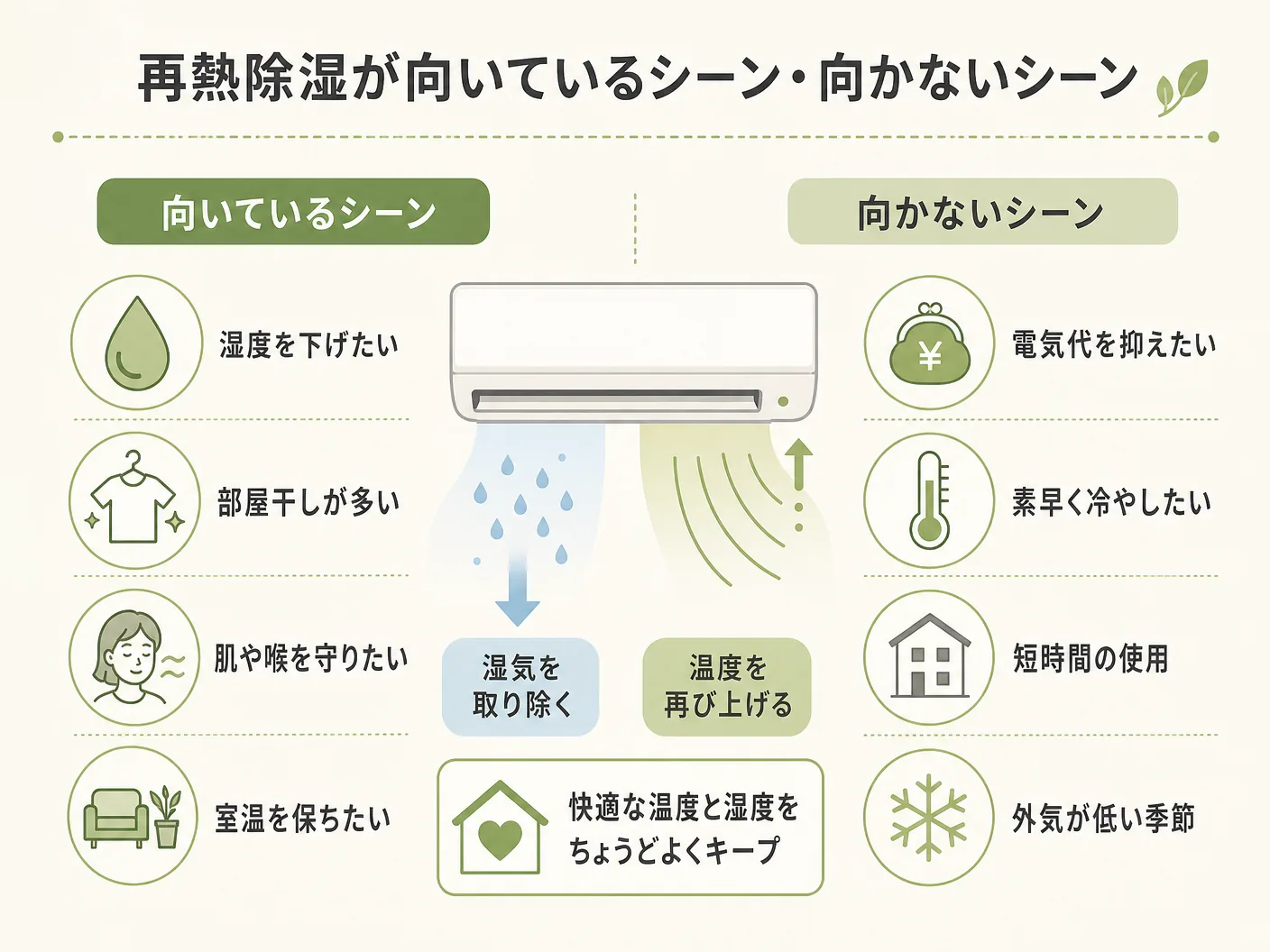 再熱除湿とはの再熱除湿が向いているシーン・向かないシーンを表す図解イラスト