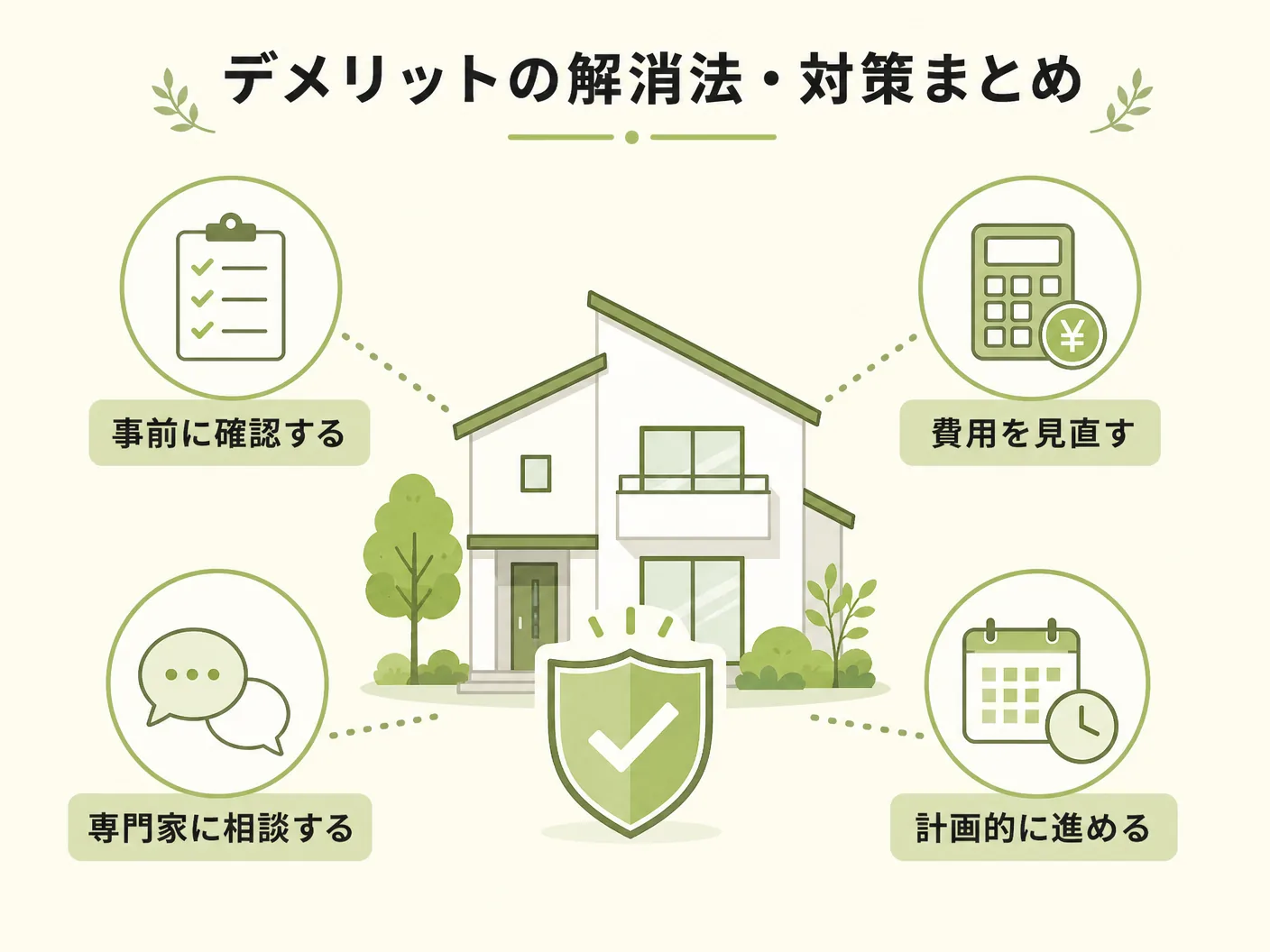 二階リビングのデメリットの解消法・対策まとめを表す図解イラスト