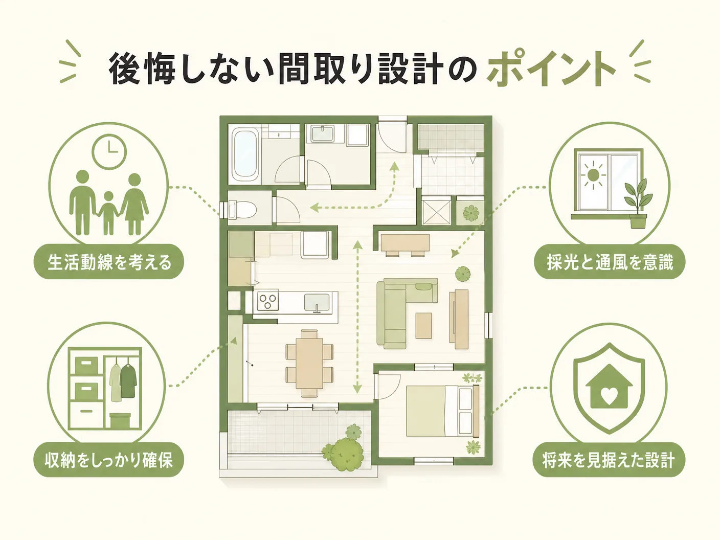 二階リビング メリット デメリットの後悔しない間取り設計のポイントを表す図解イラスト