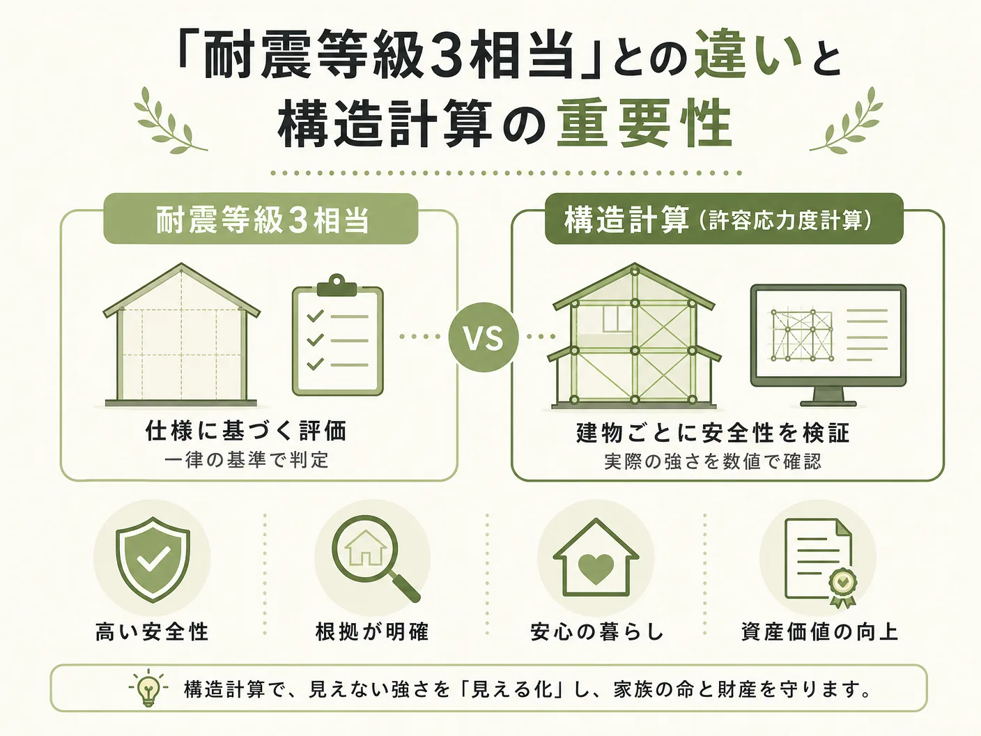 「耐震等級3相当」との違いと構造計算の重要性を表す図解イラスト