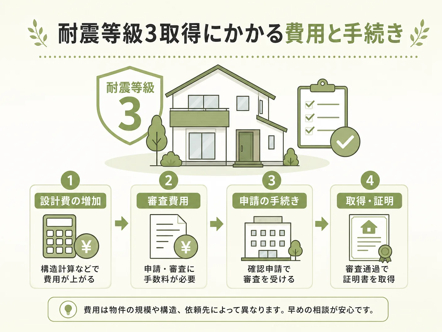 耐震等級3取得にかかる費用と手続きを表す図解イラスト
