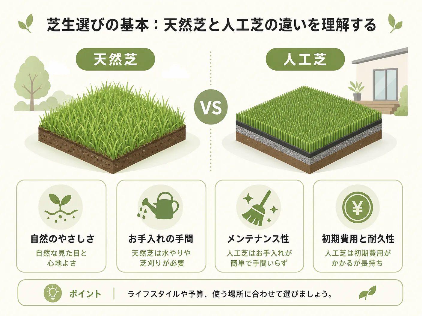 芝生選びのポイントの芝生選びの基本:天然芝と人工芝の違いを理解するを表す図解イラスト