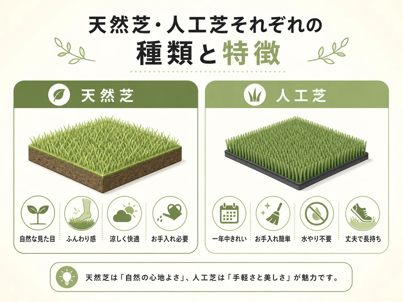 芝生選びのポイントの天然芝・人工芝それぞれの種類と特徴を表す図解イラスト