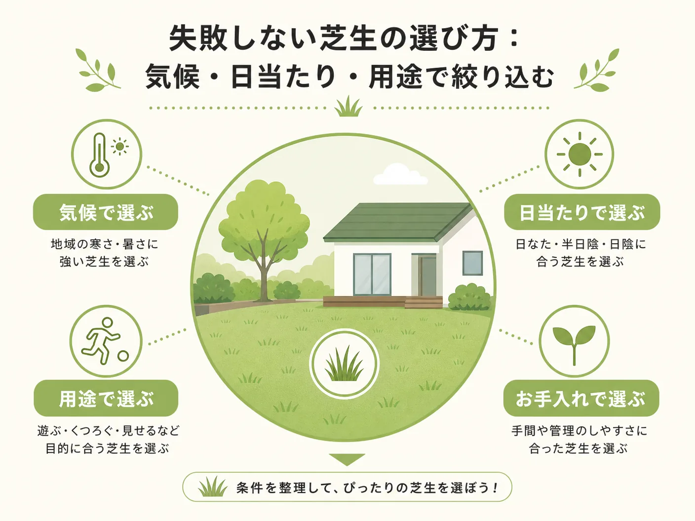 芝生選びのポイントの失敗しない芝生の選び方:気候・日当たり・用途で絞り込むを表す図解イラスト