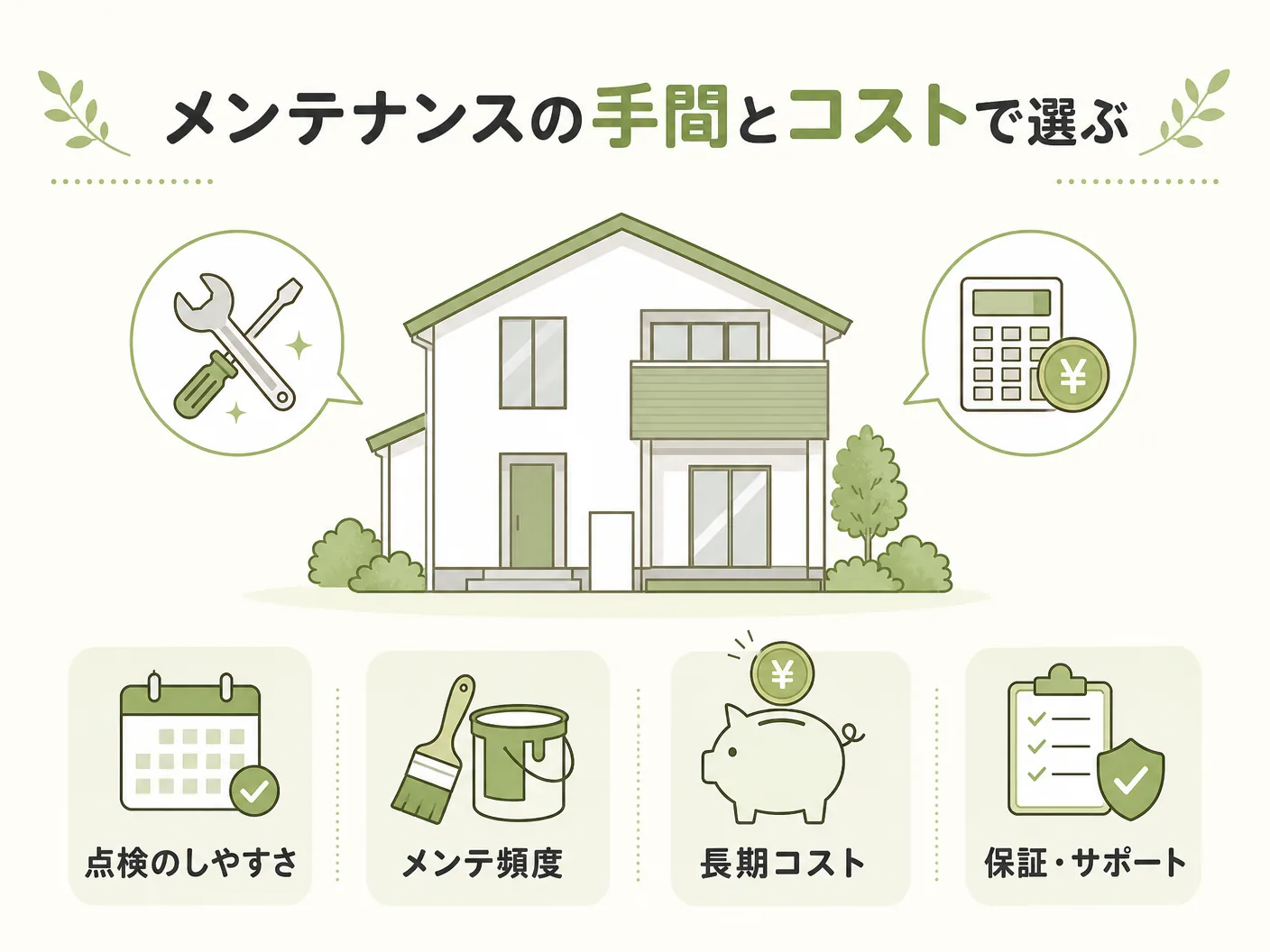 芝生選びのポイントのメンテナンスの手間とコストで選ぶを表す図解イラスト