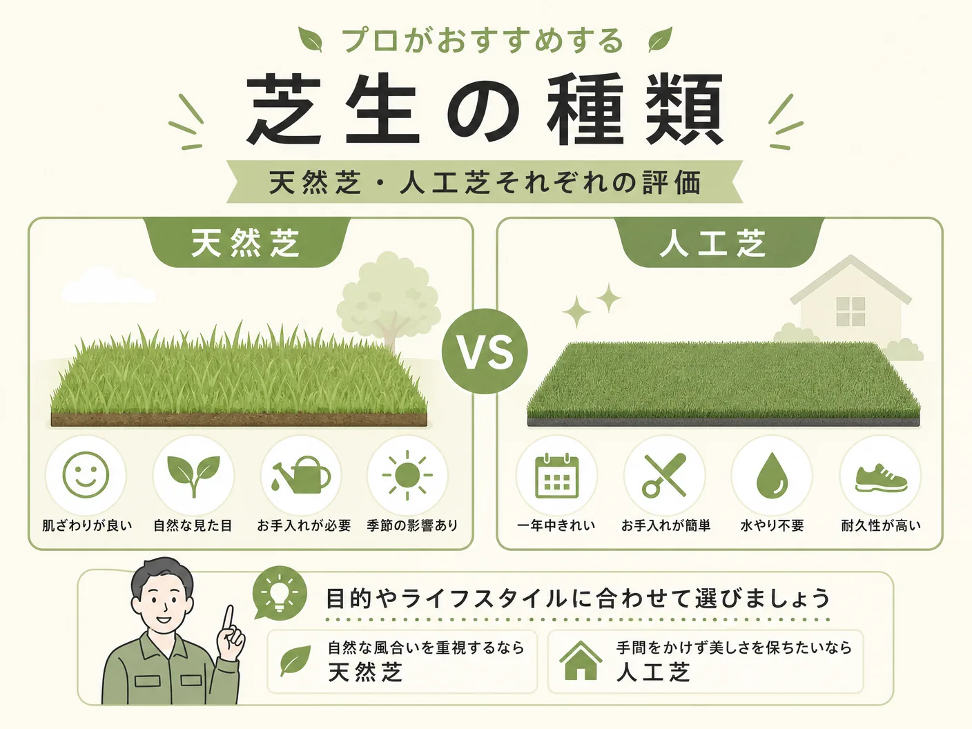 芝生選びのポイントのプロがおすすめする芝生の種類:天然芝・人工芝それぞれの評価を表す図解イラスト