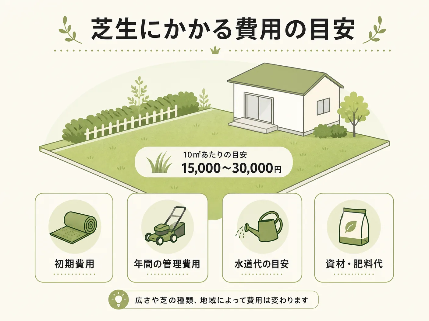 芝生選びのポイントの芝生にかかる費用の目安を表す図解イラスト