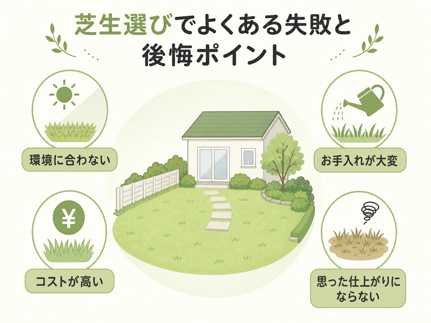 芝生選びのポイントの芝生選びでよくある失敗と後悔ポイントを表す図解イラスト