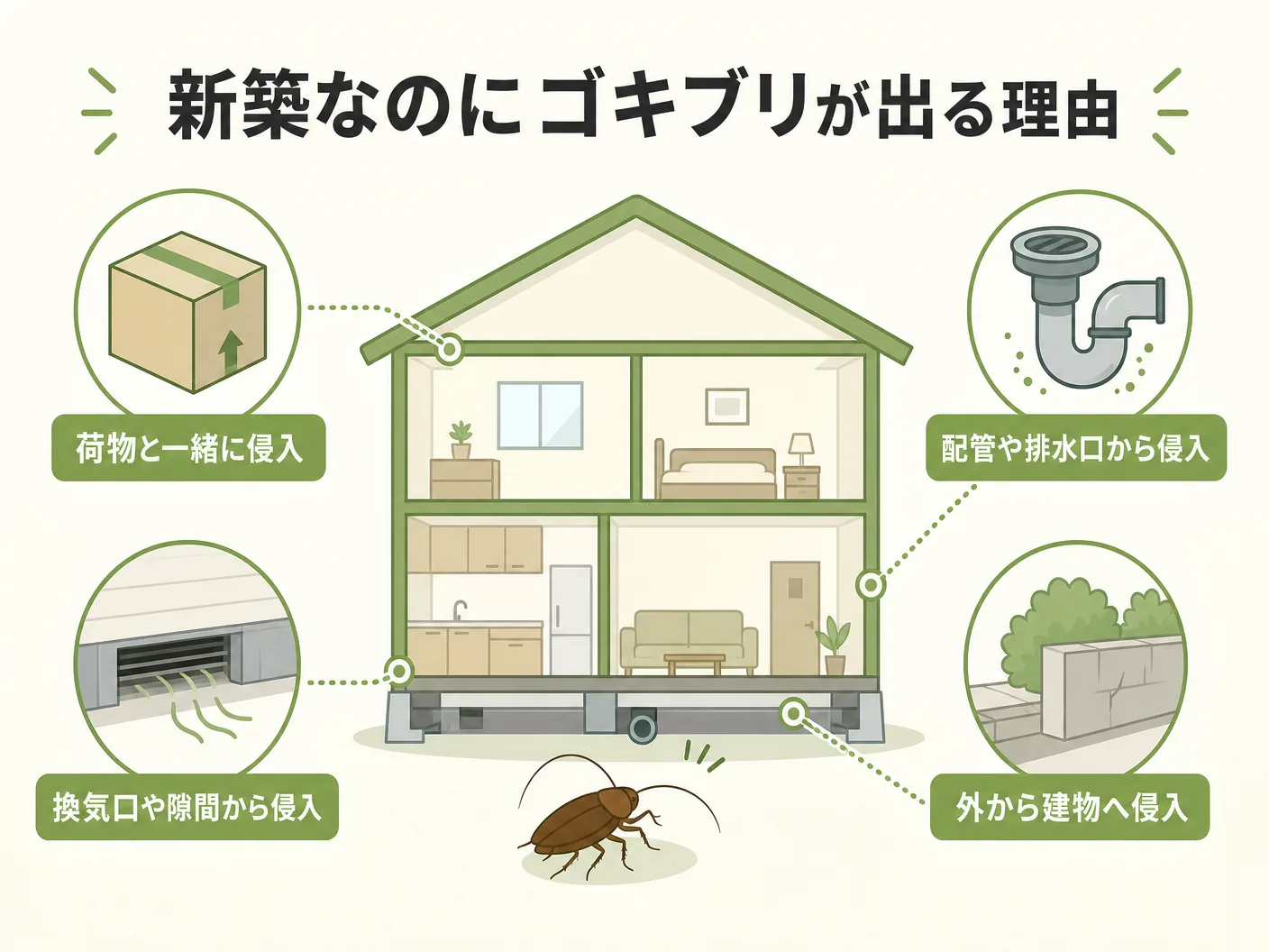 新築住宅 対策の新築なのにゴキブリが出る理由を表す図解イラスト
