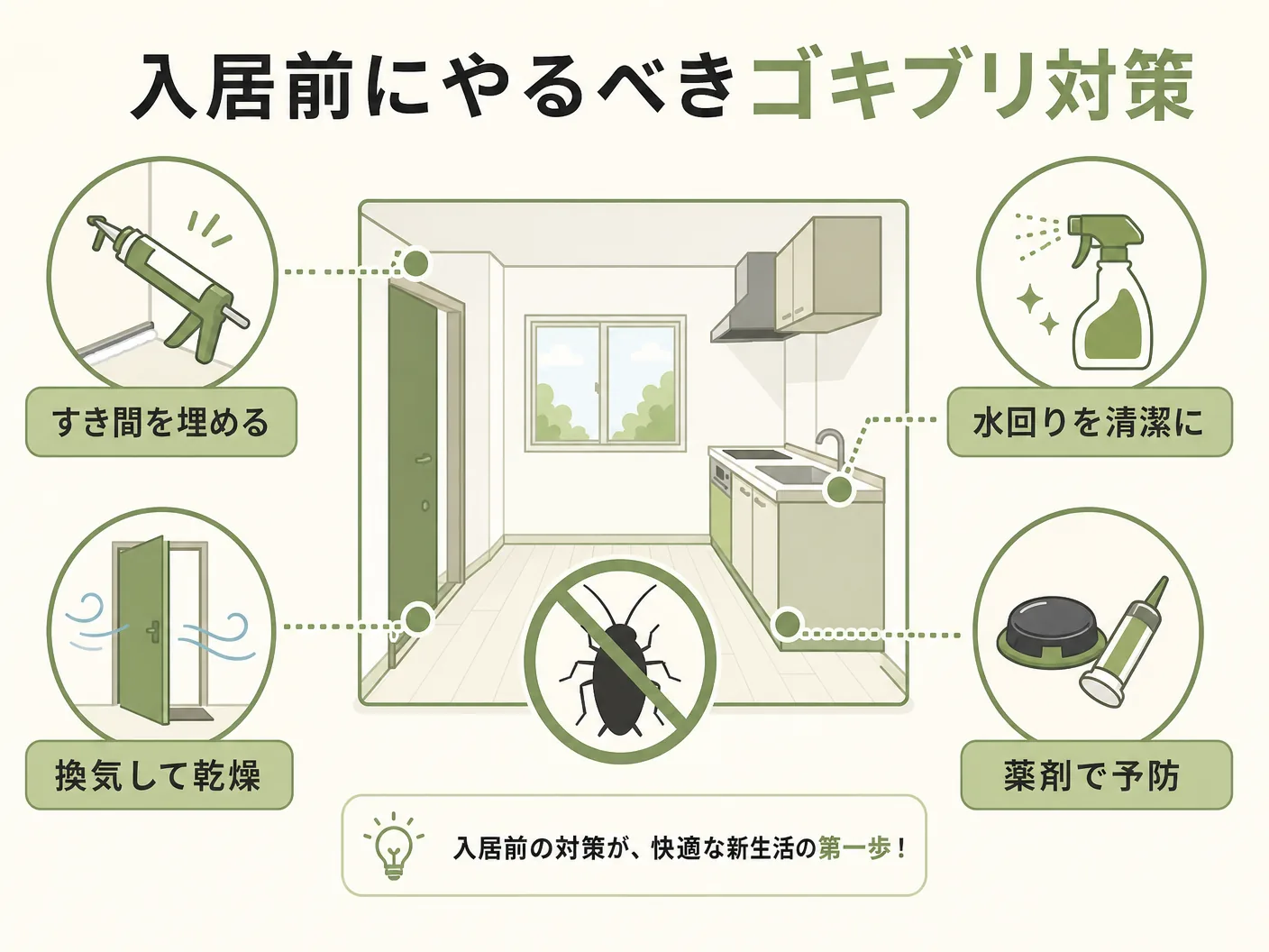新築住宅の入居前にやるべきゴキブリ対策を表す図解イラスト
